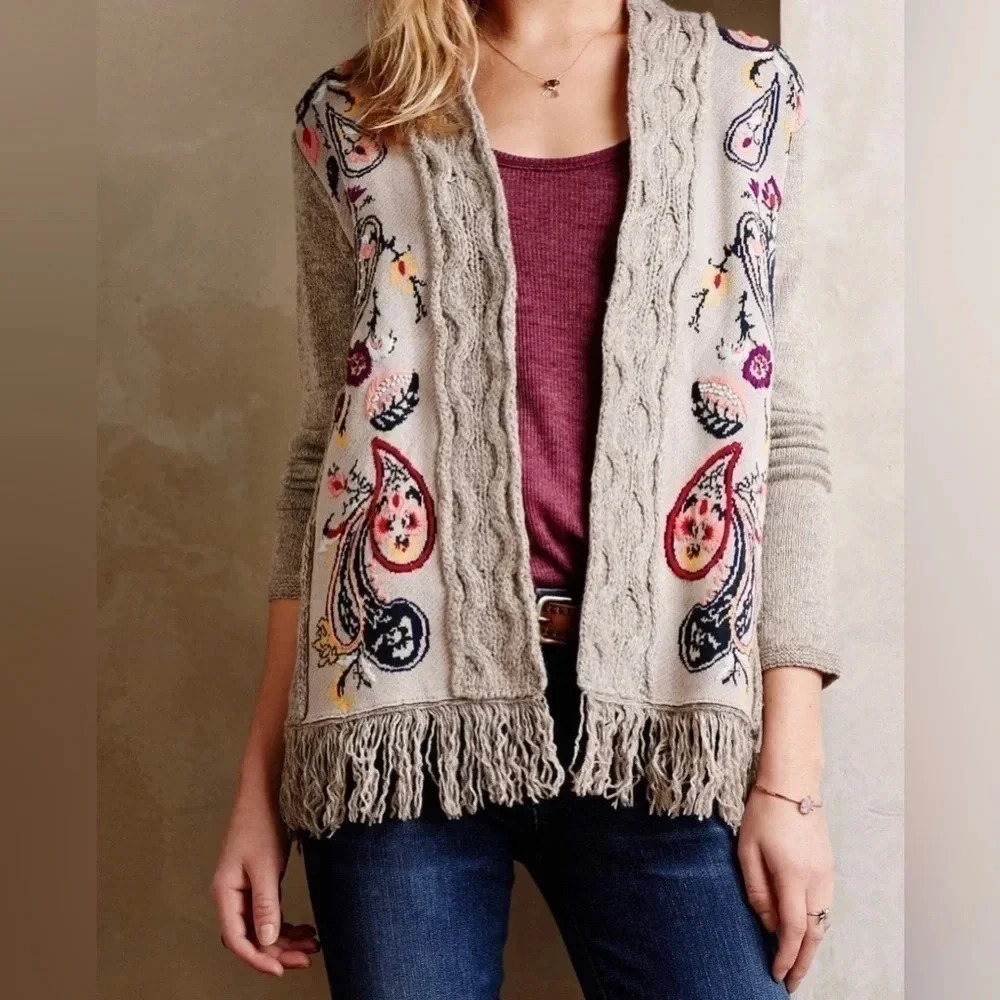 Sleeping On Snow Anthropologie Folklore Embroidered Fringe Hem Cardigan - Picture 1 of 11